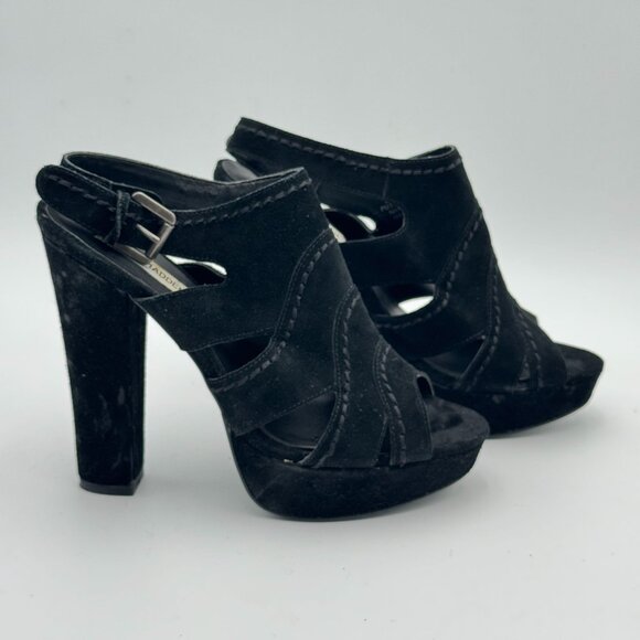 Steve Madden Suede Leather Cutout Platform Heels Black Peep Toe Chunky Slingback - Picture 8 of 12